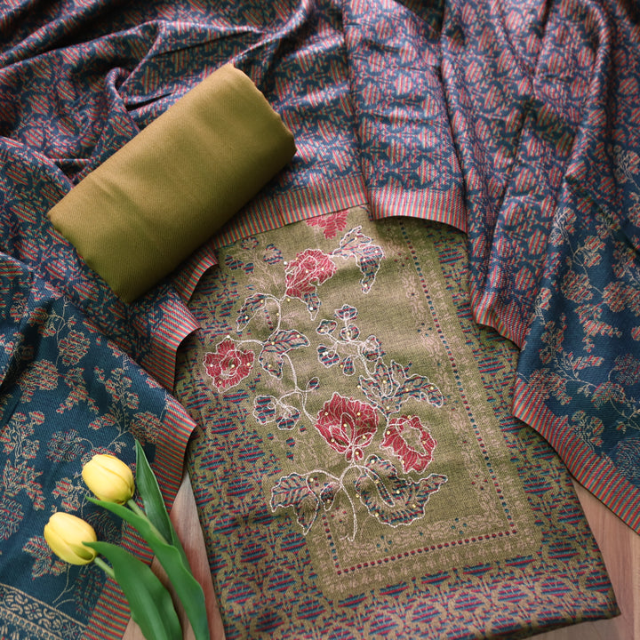 Rakhi Olive Green Chain Style Zari Detailing Digital Printed Semi Pashmina WInter Set