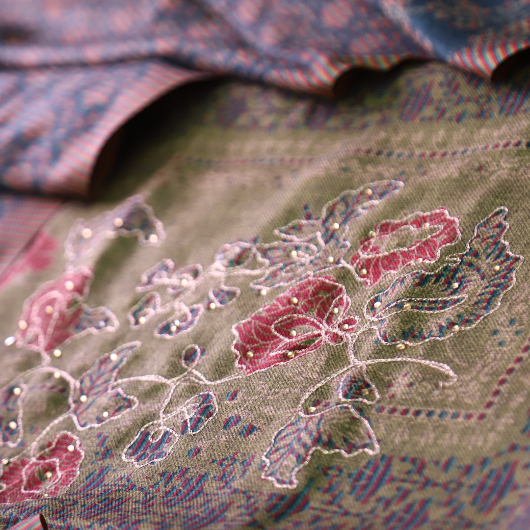 Rakhi Olive Green Chain Style Zari Detailing Digital Printed Semi Pashmina WInter Set