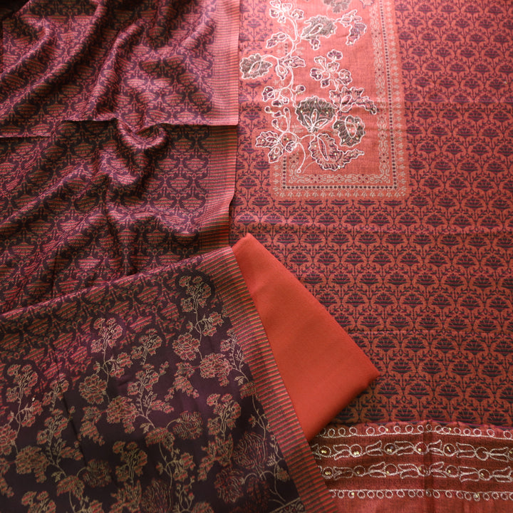 Rakhi Light Peach Chain Style Zari Detailing Digital Printed Semi Pashmina WInter Set