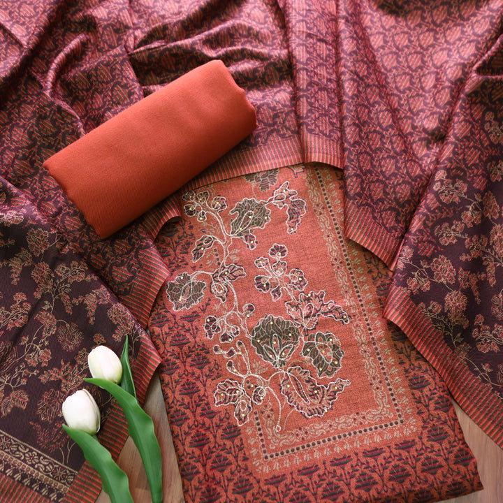 Rakhi Light Peach Chain Style Zari Detailing Digital Printed Semi Pashmina WInter Set