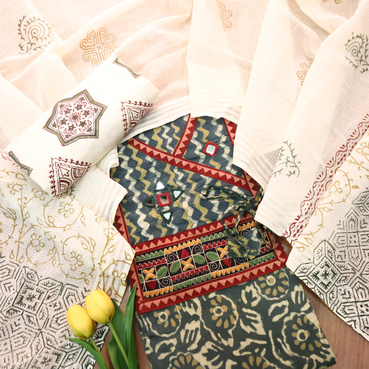 Saundraya Forest Green Angrkha Neck with Mirror in Dabu Printed Cotton Suit Set