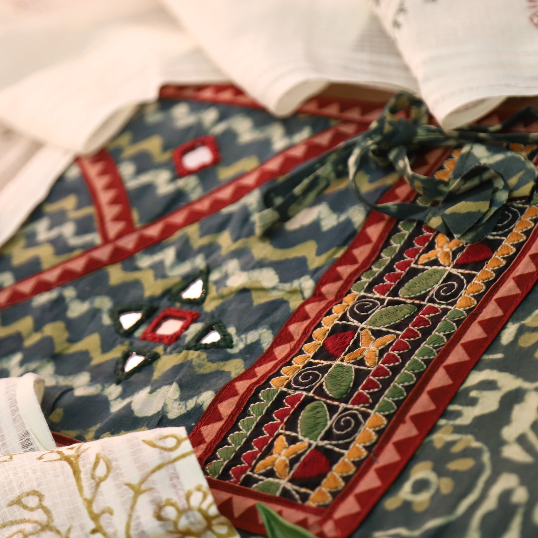 Saundraya Forest Green Angrkha Neck with Mirror in Dabu Printed Cotton Suit Set