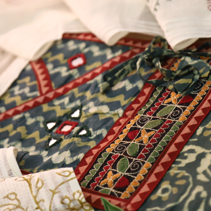 Saundraya Forest Green Angrkha Neck with Mirror in Dabu Printed Cotton Suit Set