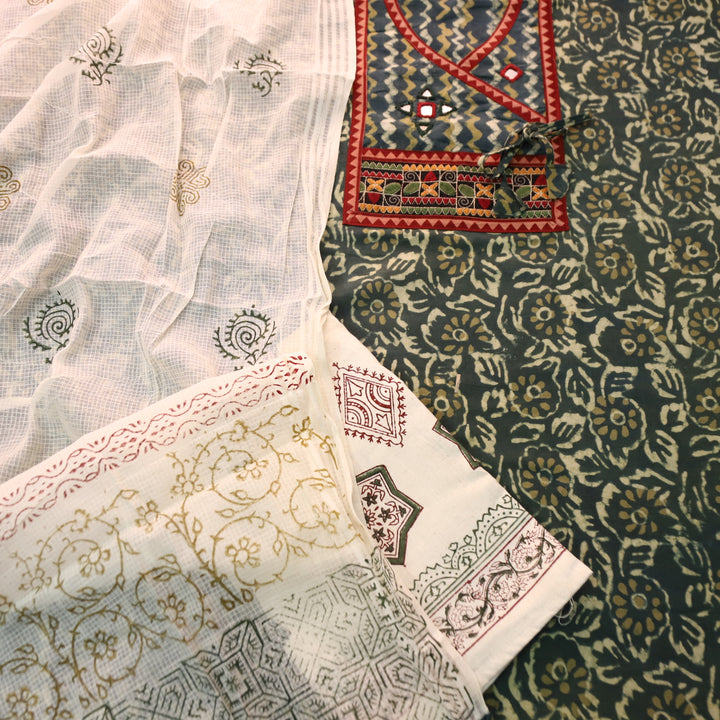 Saundraya Forest Green Angrkha Neck with Mirror in Dabu Printed Cotton Suit Set