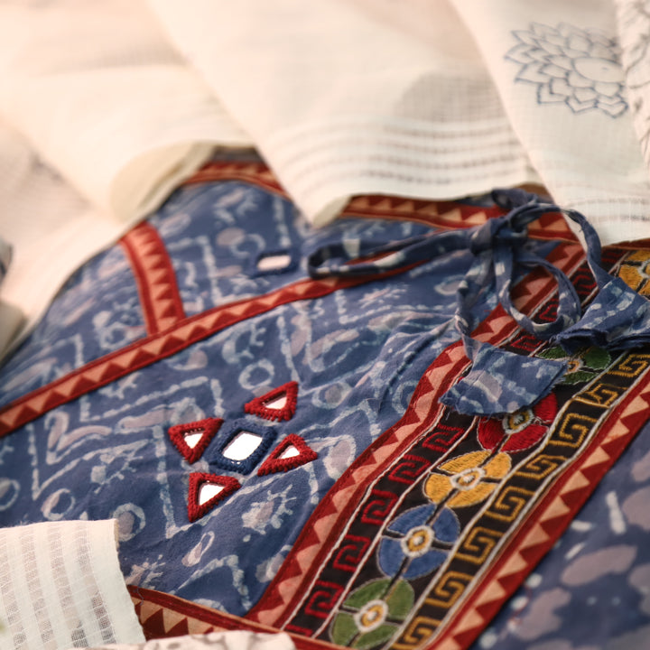 Saundraya Navy Blue Angrakha Neck with Mirror in Dabu Printed Cotton Suit Set