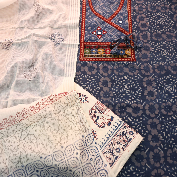 Saundraya Navy Blue Angrakha Neck with Mirror in Dabu Printed Cotton Suit Set