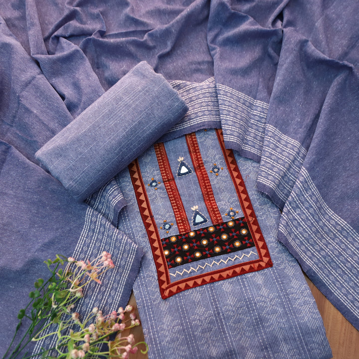 Reshmi Faded Blue Kutch Mirror Work in All Over Weaved Handloom Cotton Set D1