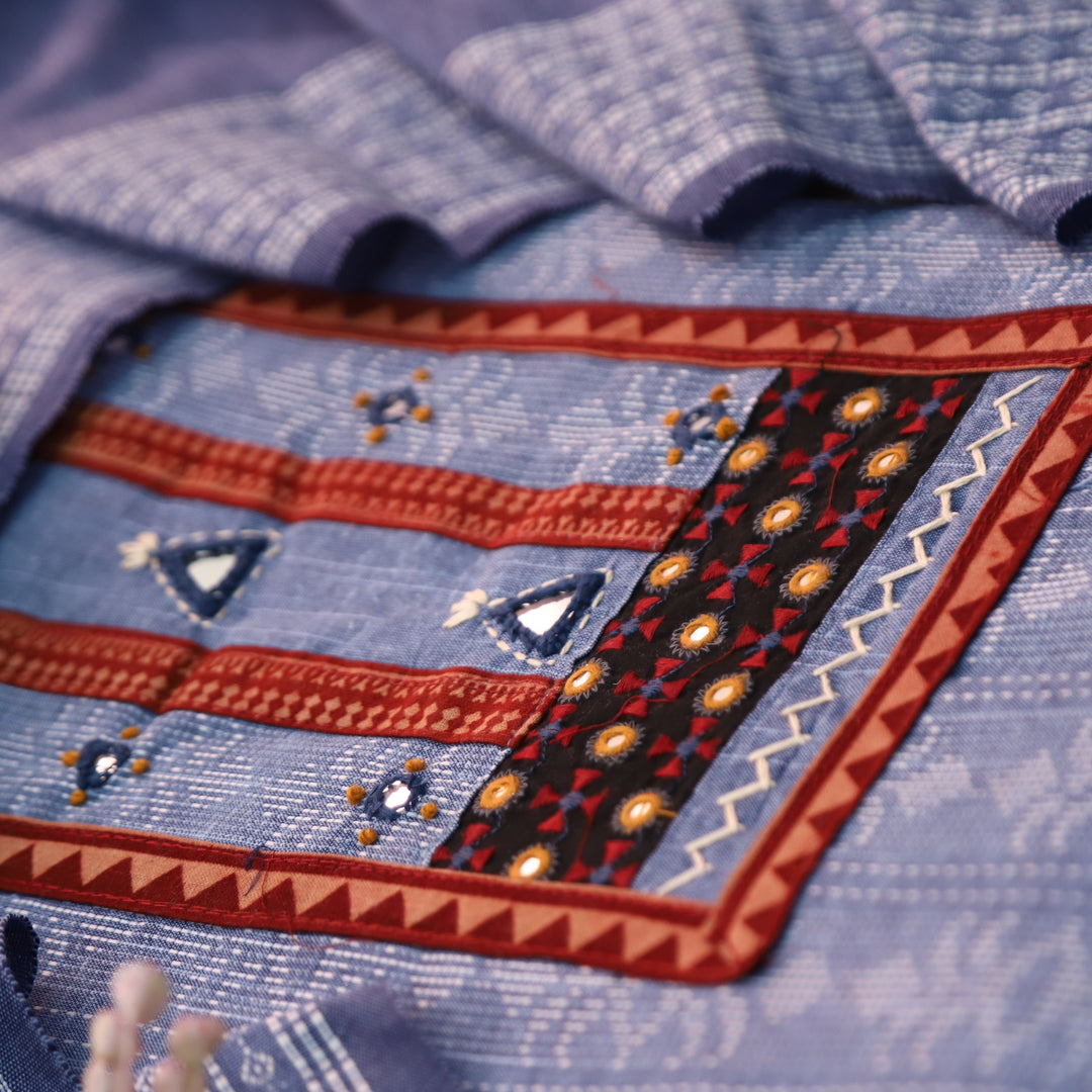 Reshmi Faded Blue Kutch Mirror Work in All Over Weaved Handloom Cotton Set D1