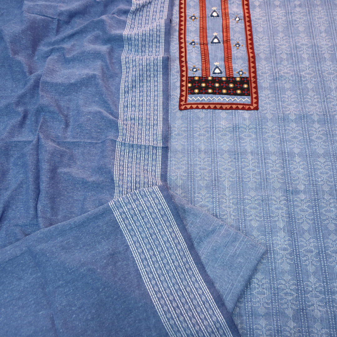 Reshmi Faded Blue Kutch Mirror Work in All Over Weaved Handloom Cotton Set D1