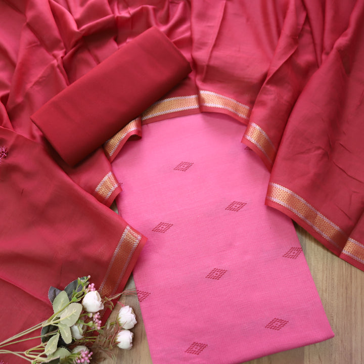 Bijuria Flamingo Pink All Over Thread Weaved Work in South Cotton Suit Set