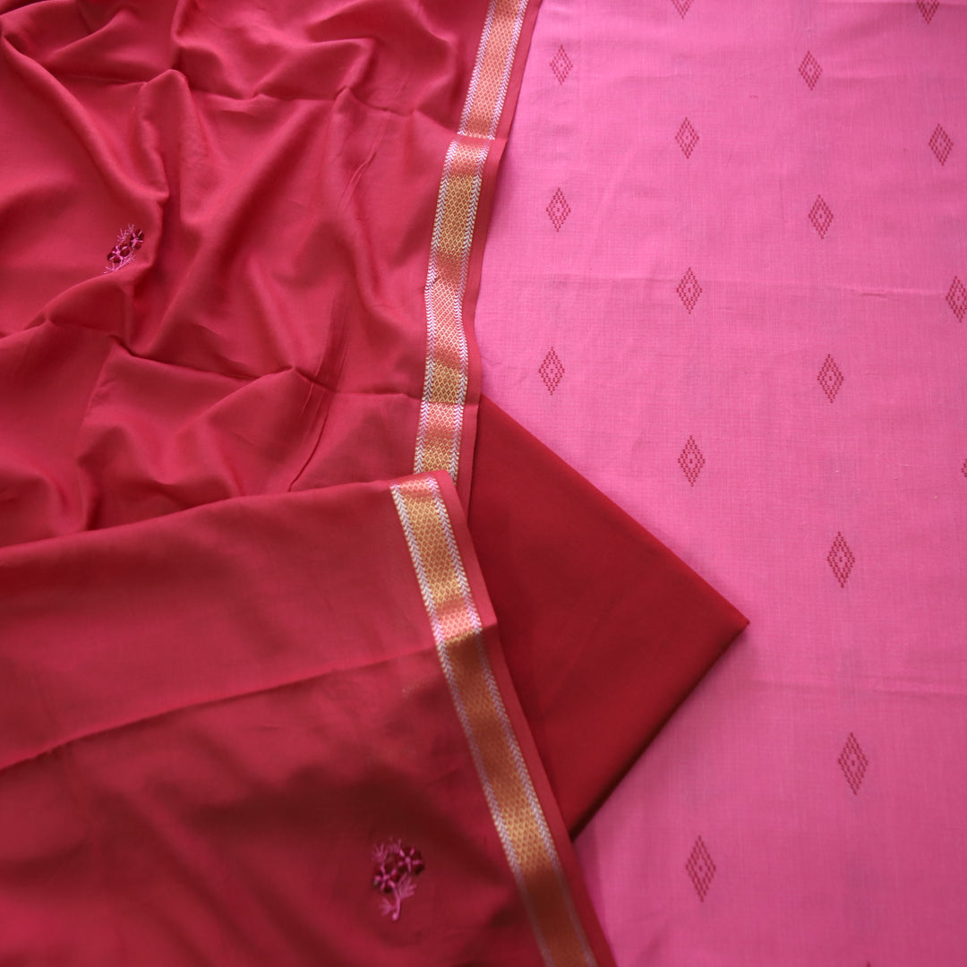 Bijuria Flamingo Pink All Over Thread Weaved Work in South Cotton Suit Set