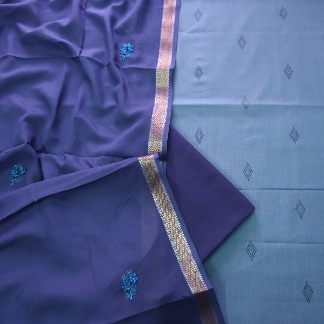 Bijuria Faded Blue All Over Thread Weaved Work in South Cotton Suit Set
