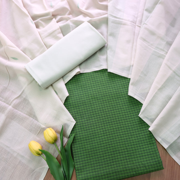 Purnima Forest Green Dual Shade Weaved South Cotton Suit Set