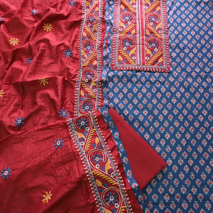 Banjaari Denim Blue Thread Embroidered Yoke on Ajrak Printed Cotton Suit Set