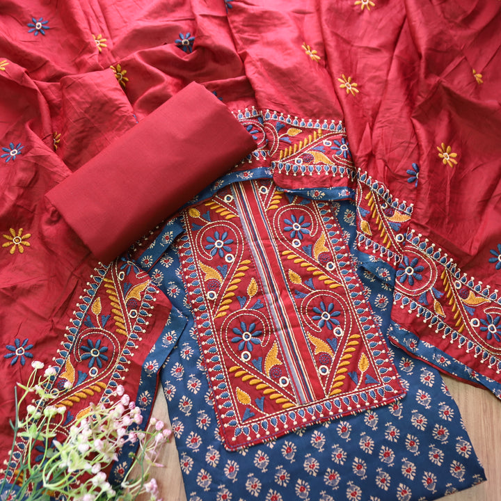 Banjaari Denim Blue Thread Embroidered Yoke on Ajrak Printed Cotton Suit Set