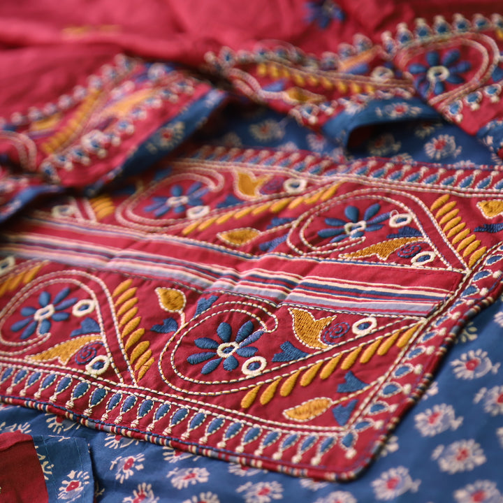Banjaari Denim Blue Thread Embroidered Yoke on Ajrak Printed Cotton Suit Set