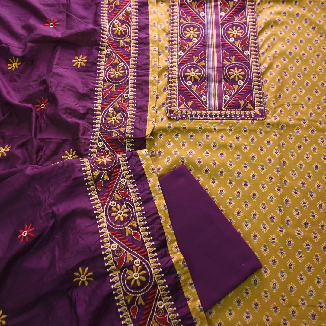 Banjaari Mustard Yellow Thread Embroidered Yoke on Ajrak Printed Cotton Suit Set