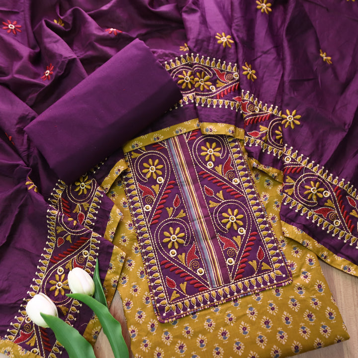 Banjaari Mustard Yellow Thread Embroidered Yoke on Ajrak Printed Cotton Suit Set