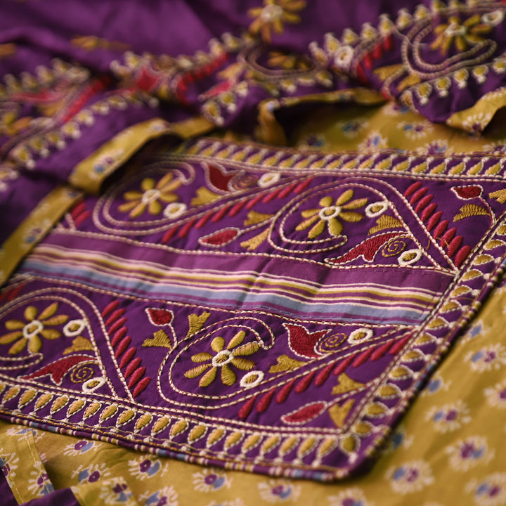 Banjaari Mustard Yellow Thread Embroidered Yoke on Ajrak Printed Cotton Suit Set