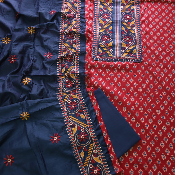 Banjaari Cherry Red Thread Embroidered Yoke on Ajrak Printed Cotton Suit Set