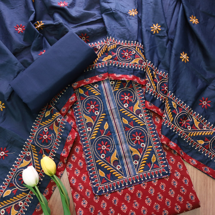 Banjaari Cherry Red Thread Embroidered Yoke on Ajrak Printed Cotton Suit Set