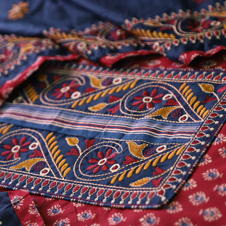 Banjaari Cherry Red Thread Embroidered Yoke on Ajrak Printed Cotton Suit Set
