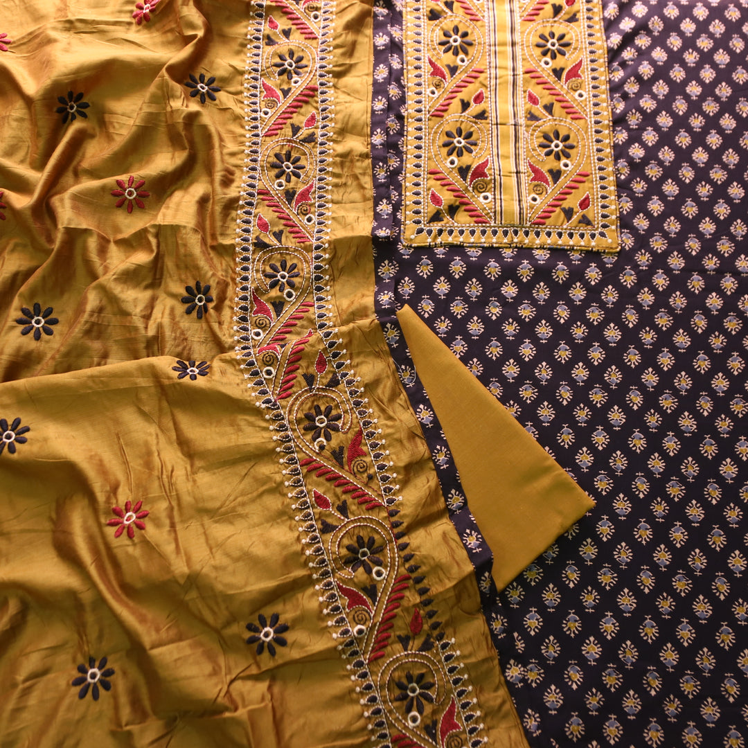 Banjaari Starry Brown Thread Embroidered Yoke on Ajrak Printed Cotton Suit Set