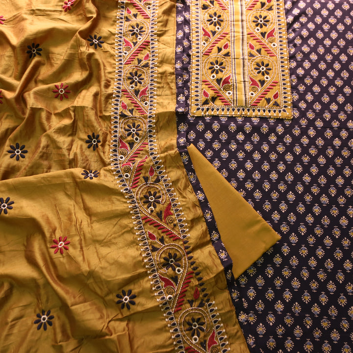 Banjaari Starry Brown Thread Embroidered Yoke on Ajrak Printed Cotton Suit Set