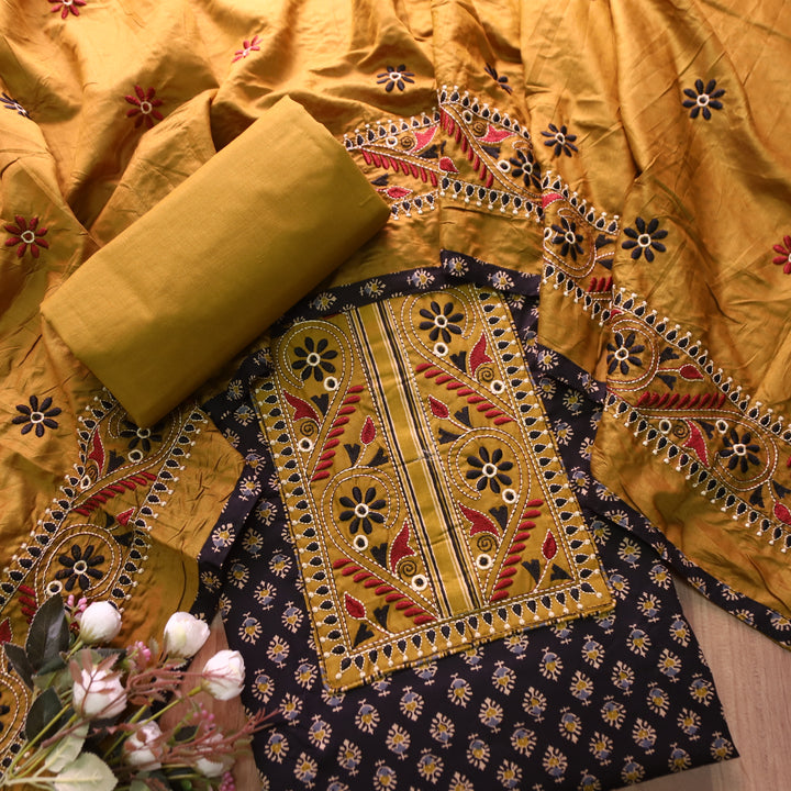 Banjaari Starry Brown Thread Embroidered Yoke on Ajrak Printed Cotton Suit Set