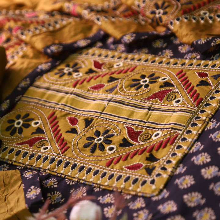 Banjaari Starry Brown Thread Embroidered Yoke on Ajrak Printed Cotton Suit Set