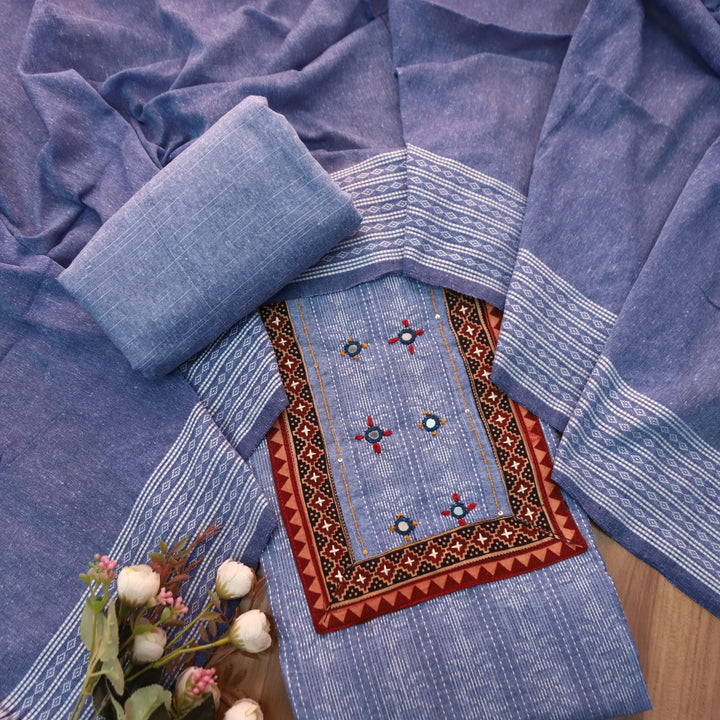 Reshmi Faded Blue Kutch Mirror Work in All Over Weaved Handloom Cotton Set D2
