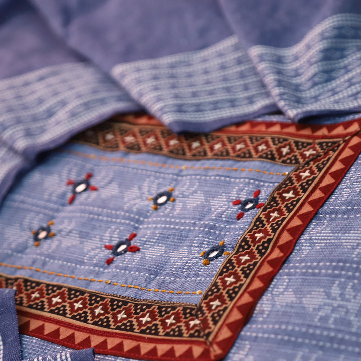 Reshmi Faded Blue Kutch Mirror Work in All Over Weaved Handloom Cotton Set D2
