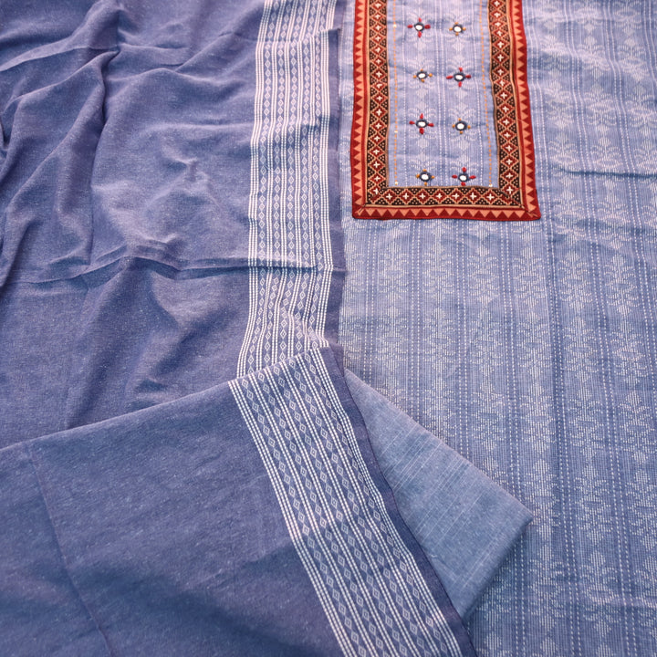 Reshmi Faded Blue Kutch Mirror Work in All Over Weaved Handloom Cotton Set D2
