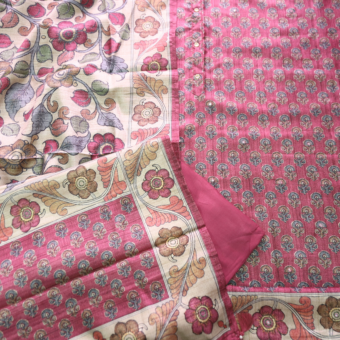 Vrinda Magenta Pink Kalamkari Digital Printed with Patra Work Tussar Silk Chanderi Set