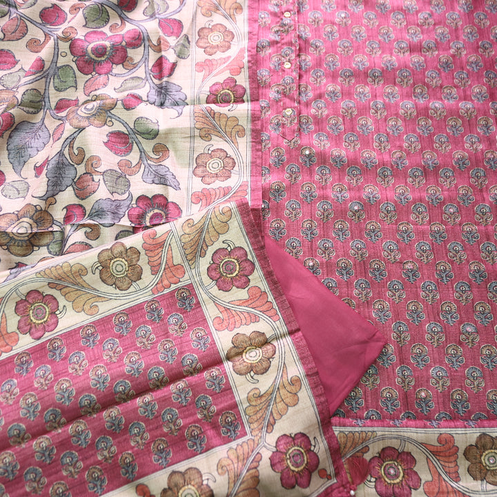 Vrinda Magenta Pink Kalamkari Digital Printed with Patra Work Tussar Silk Chanderi Set
