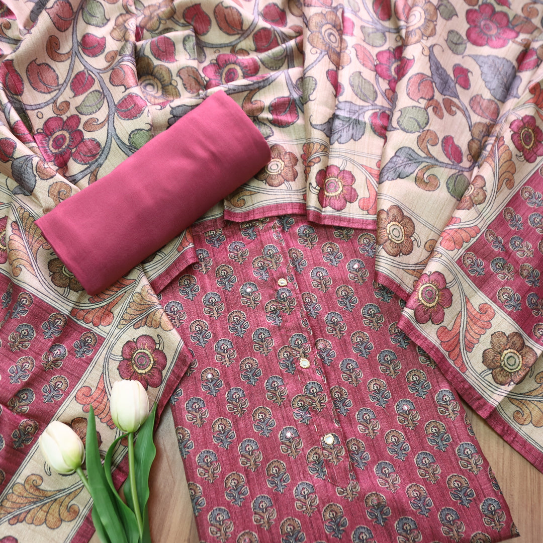 Vrinda Magenta Pink Kalamkari Digital Printed with Patra Work Tussar Silk Chanderi Set