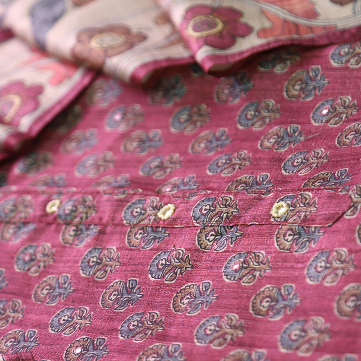 Vrinda Magenta Pink Kalamkari Digital Printed with Patra Work Tussar Silk Chanderi Set
