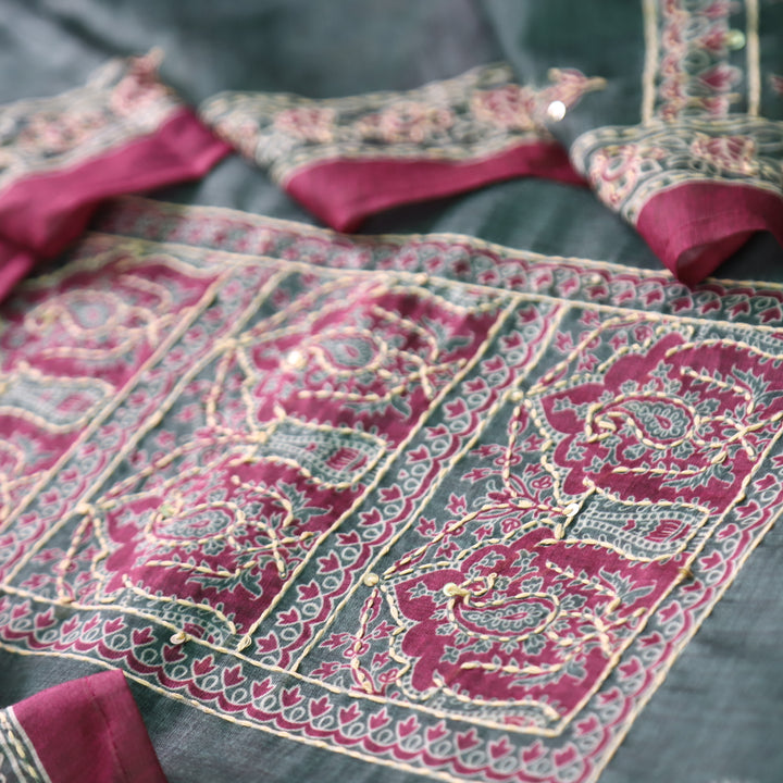 Shobha Prony Green All Over Kantha Embroidery Neck Work Chanderi Suit Set