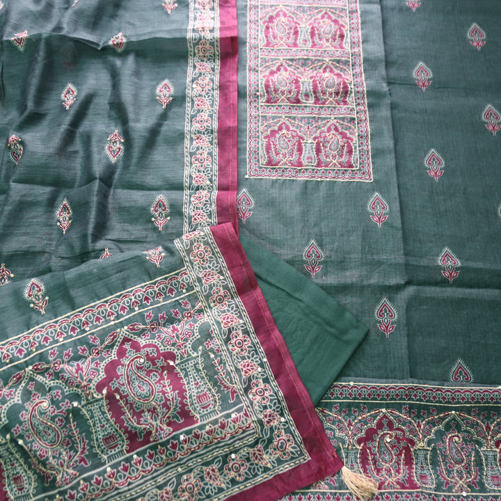 Shobha Prony Green All Over Kantha Embroidery Neck Work Chanderi Suit Set
