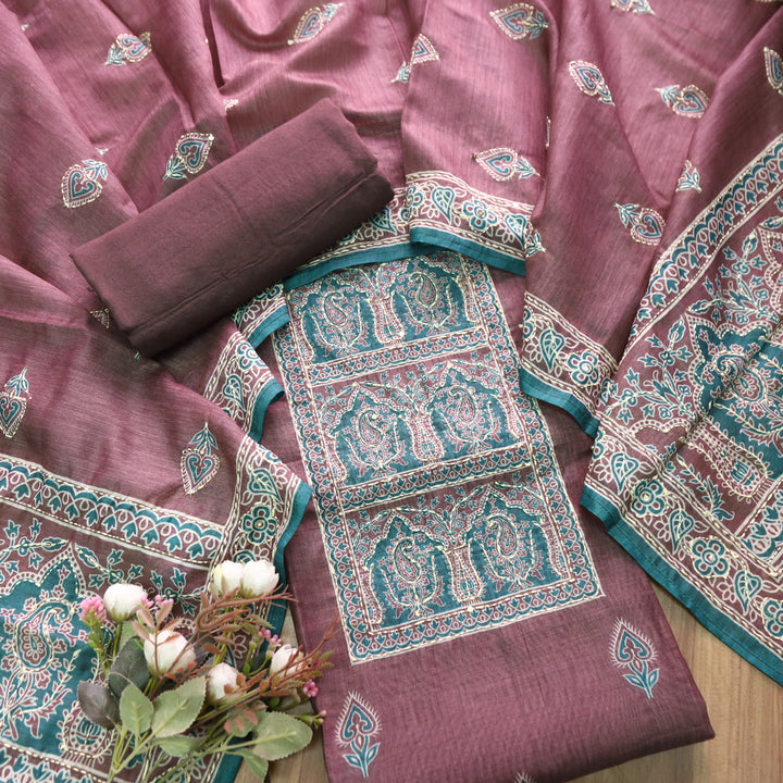 Shobha Mulberry Mauve All Over Kantha Embroidery Neck Work Chanderi Suit Set