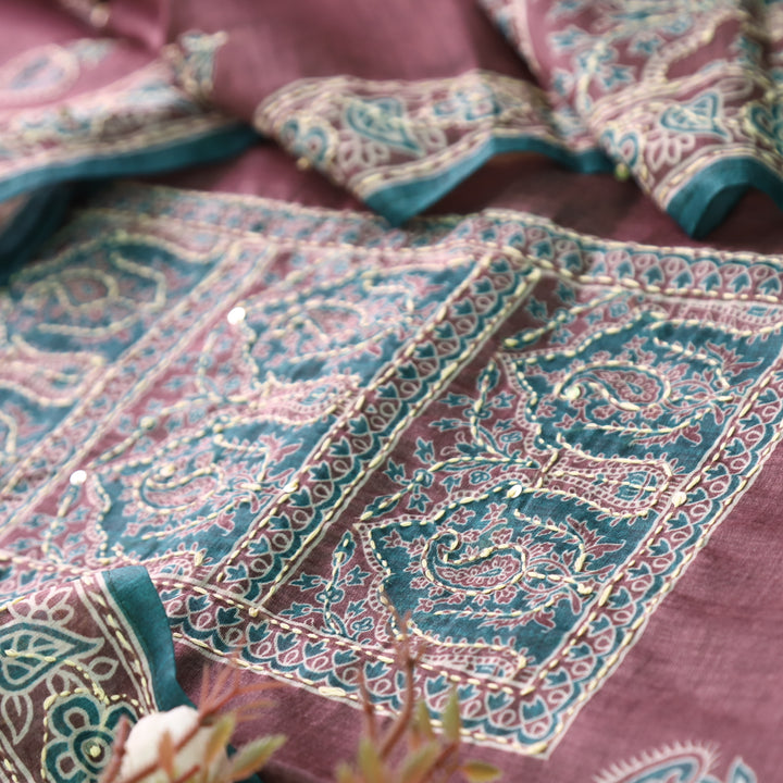 Shobha Mulberry Mauve All Over Kantha Embroidery Neck Work Chanderi Suit Set