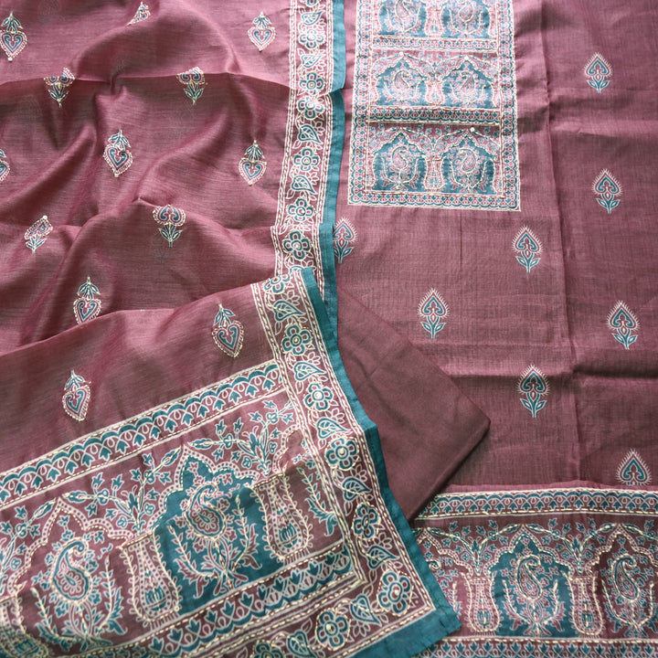 Shobha Mulberry Mauve All Over Kantha Embroidery Neck Work Chanderi Suit Set