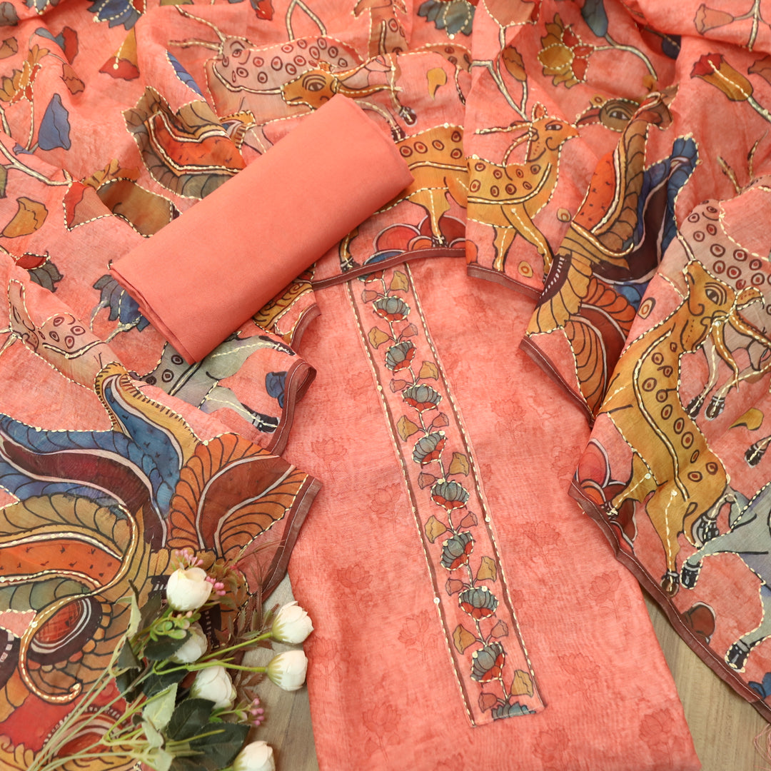 Shobha Pastel Pumpkin with Kantha Embroidery Neck Work Chanderi Suit Set