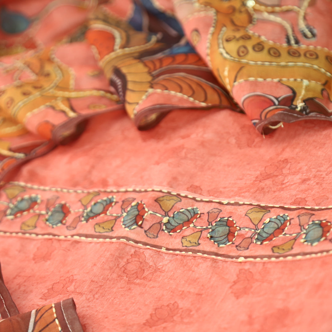 Shobha Pastel Pumpkin with Kantha Embroidery Neck Work Chanderi Suit Set