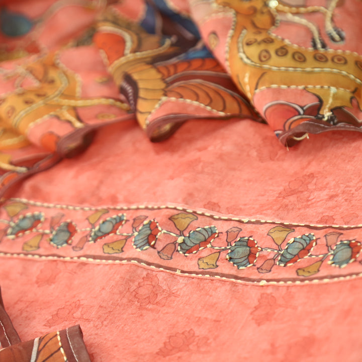 Shobha Pastel Pumpkin with Kantha Embroidery Neck Work Chanderi Suit Set