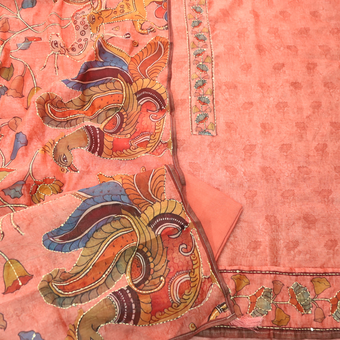 Shobha Pastel Pumpkin with Kantha Embroidery Neck Work Chanderi Suit Set