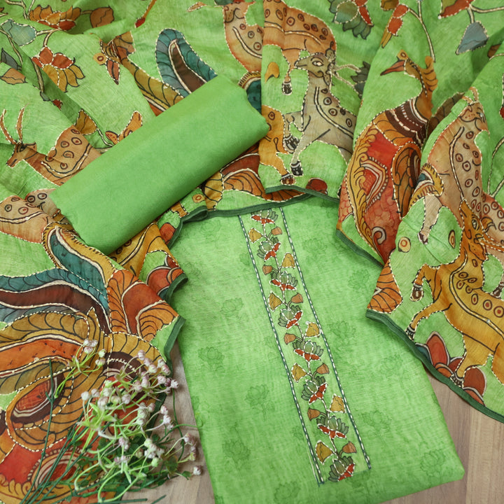 Shobha Castel Green with Kantha Embroidery Neck Work Chanderi Suit Set