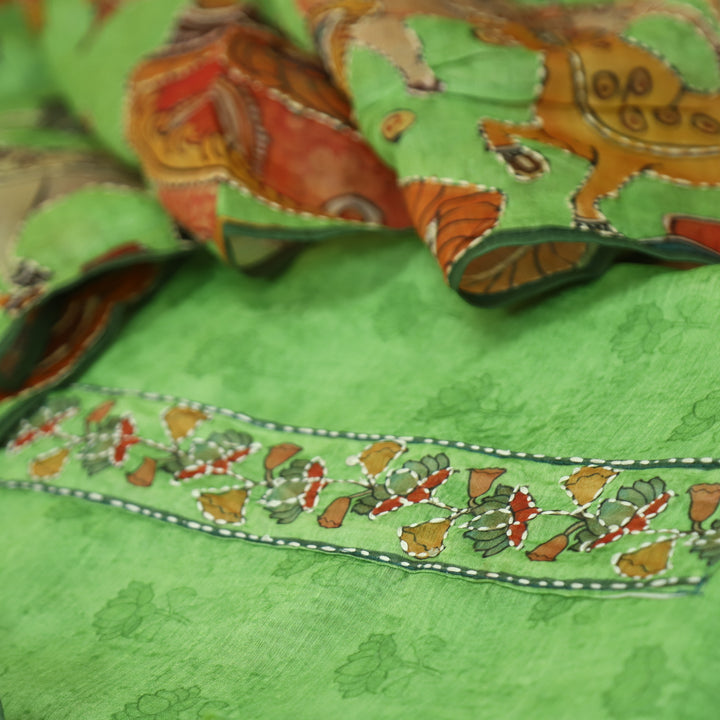 Shobha Castel Green with Kantha Embroidery Neck Work Chanderi Suit Set
