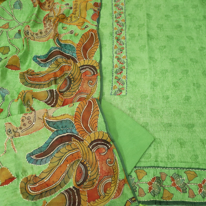 Shobha Castel Green with Kantha Embroidery Neck Work Chanderi Suit Set