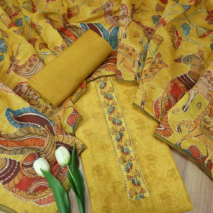 Shobha Mustard Yellow with Kantha Embroidery Neck Work Chanderi Suit Set